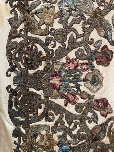 Antique Early Silk and Metal Thread Embroidered Appliqué Panel: C17th Britain