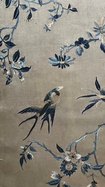 Fine Chinese Silk Embroidered Panel with Birds, Butterflies and Florals: C19th China