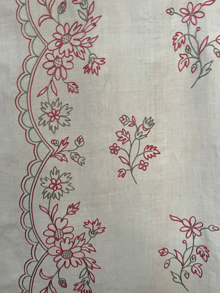Antique Hand Embroidered Floral Linen Panel with Border Unused Panel 1: C1910 France
