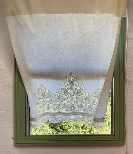 A Pair of Art Nouveau Cutwork and Embroidered Chateau Window Curtain Panels: C1900 France