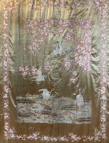 Antique Silk Embroidered Tapestry Wallhanging with Cherry Blossom & Storks: Japanese Meiji Period C19th Century. 223 x 175cm