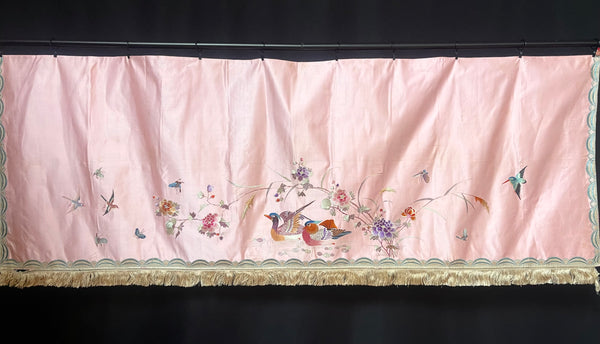 Antique Fine Silk Embroidered Wallhanging Panel with Water Birds and Flowers: C1920 China for export