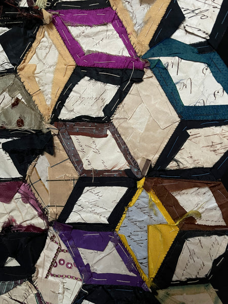 Antique Silk Tumbling Blocks Patchwork Quilt: C19th Britain