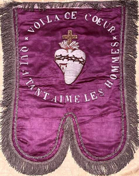 Antique Silk Embroidered Ecclesiastical Wallhanging Banner with Stumpwork Heart: C19th France