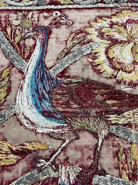 Early Silk and Metal Thread Embroidered Velvet Panel with Peacock and Flowers: C17th Italy or Spain