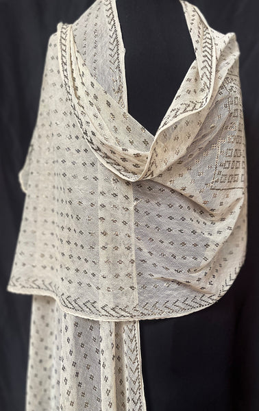Art Deco Assuit Shawl Hand Embroidered White with Silver Metal Thread: C1920 Egypt