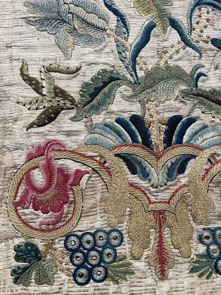 Antique Fine Silk and Wool Embroidered panel with Bouquet of Flowers: C1700 England