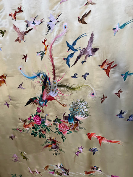 Antique Silk Embroidered Wallhanging with Exotic Birds: C20th China for export