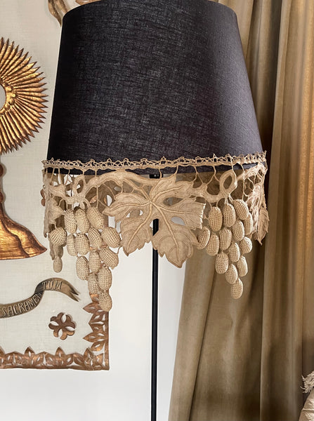 Large Size Lampshade with Antique Richelieu Embroidered Border with Art Deco Stumpwork Grapes: C1920s France