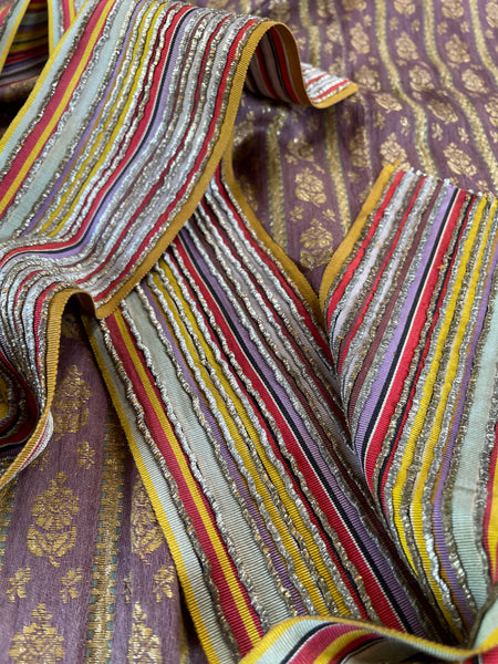 Antique Woven Silk Striped Sash Band with Silver Embroidery: C19th Morocco