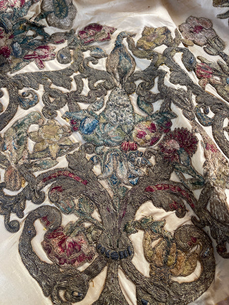 Antique Early Silk and Metal Thread Embroidered Appliqué Panel: C17th Britain