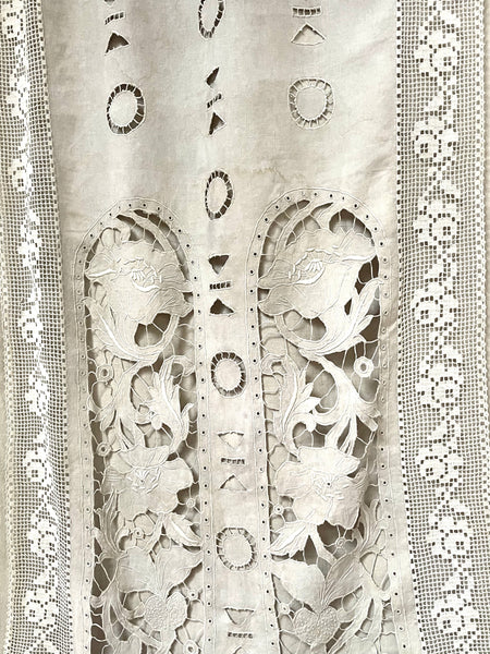 Antique Cutwork Embroidered Richelieu Lace Wallhanging Curtain Panel: C1900 - 1910 France
