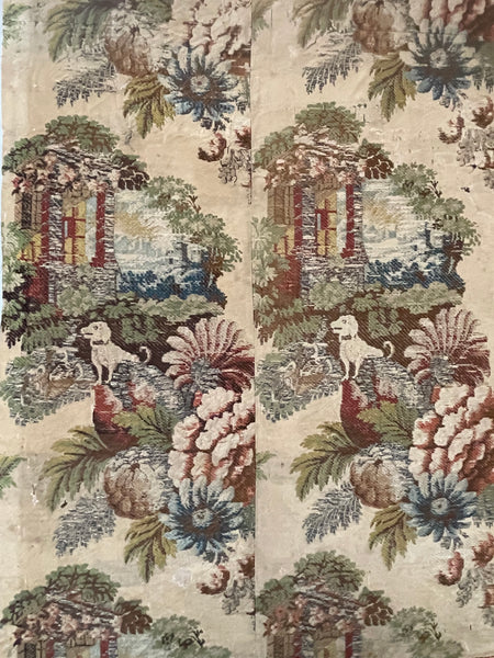 Antique Huguenot Silk Brocade with Architectural Elements and Dogs: C18th Spitalfields, London
