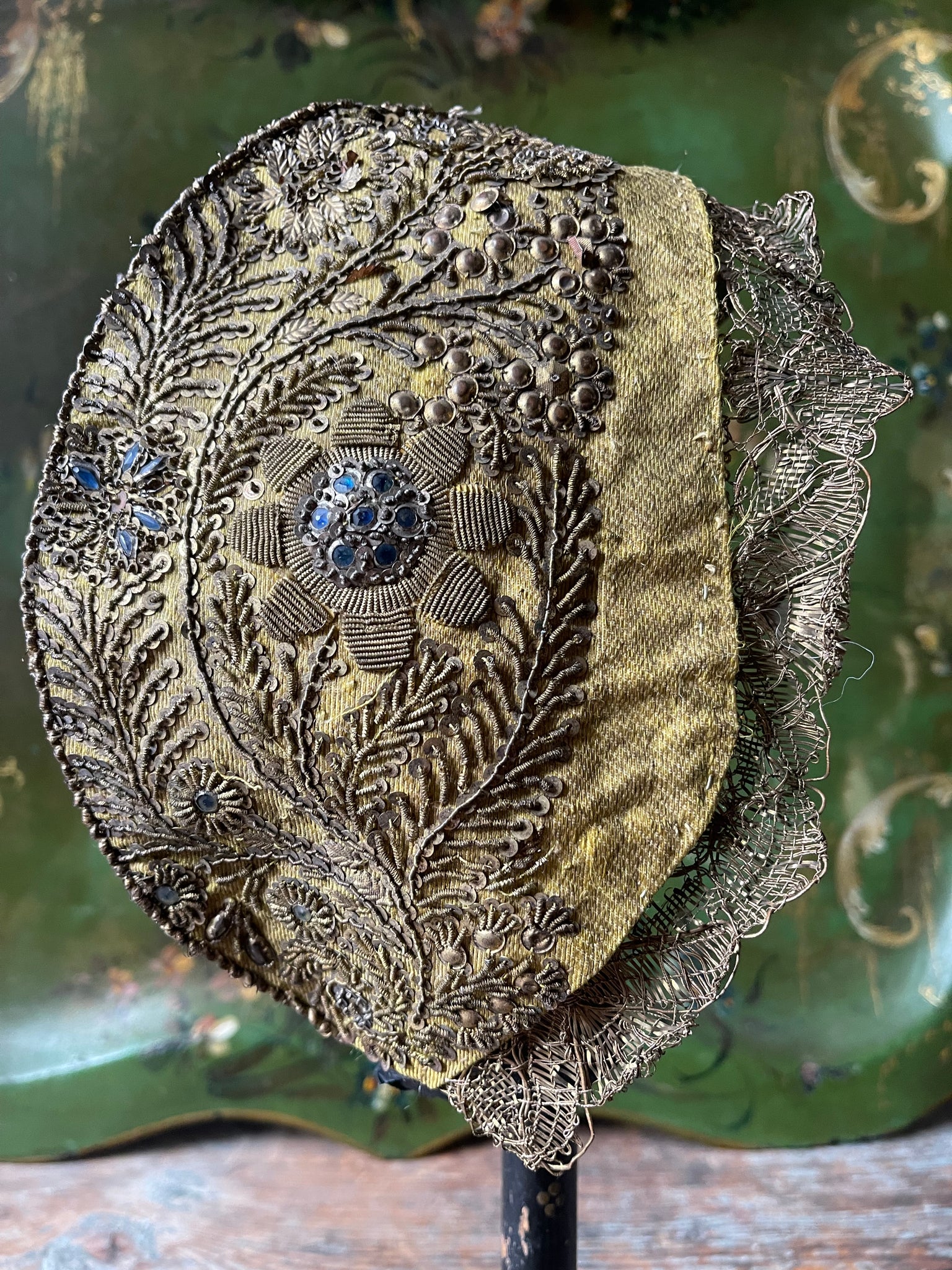 Antique Early Woman’s Embroidered Cap with Beading & Sequins: C18th Europe