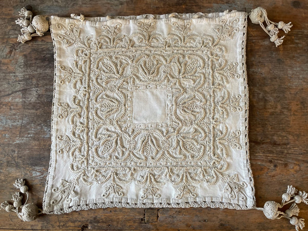 Antique Heirloom Whitework Embroidery Linen Cushion Cover: C19th Italy