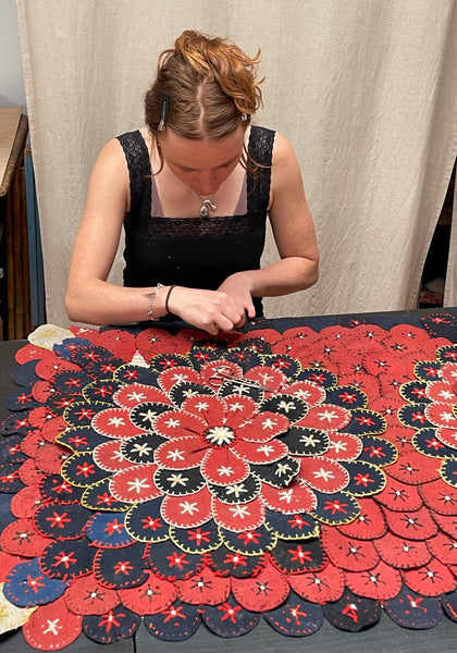 Antique Folk Art ‘Penny Rug’ Table Runner Wallhanging: C1900 Europe