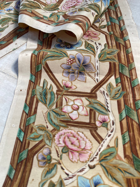 Hand Painted Chinoiserie Silk Panel Border Floral Vine: C1800 France