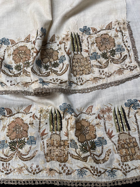 Pair Antique Ottoman Embroideries Silk and Metal Thread With Architectural & Garden Elements: C19th Turkey