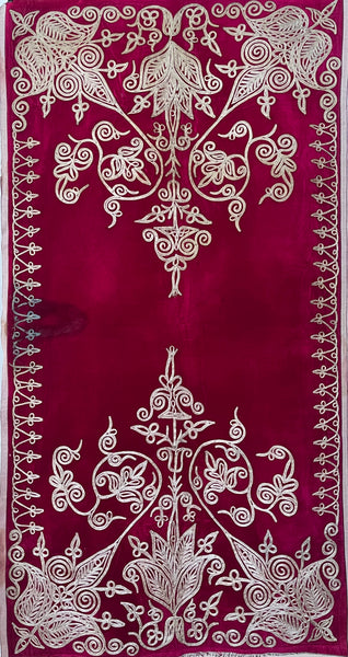 Antique Ottoman Era Magenta Pink Silk Velvet Panel with Traditional Hand Applied Silver Braiding: C19th Algeria