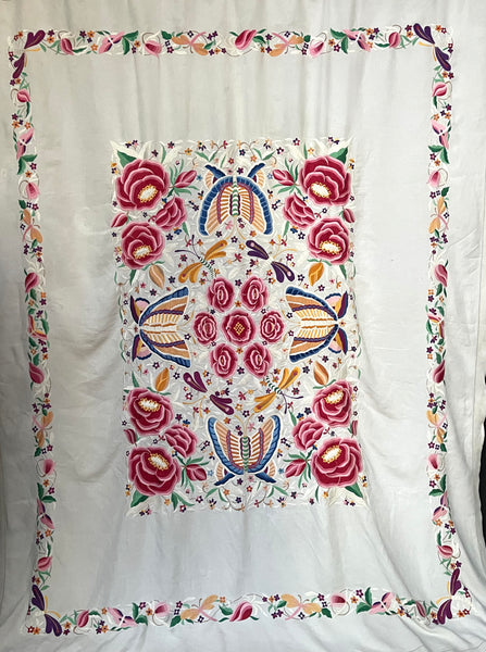 Antique Embroidered Bedcover Throw Curtain with Butterflies Florals Dragonflies: C20th Mexico
