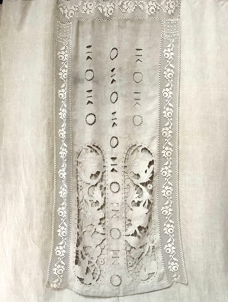 Antique Cutwork Embroidered Richelieu Lace Wallhanging Curtain Panel: C1900 - 1910 France