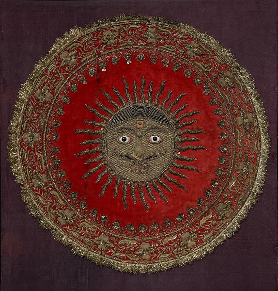 Antique Zardozi Embroidered Sun God on Velvet with Semi Precious Stones: C19th India