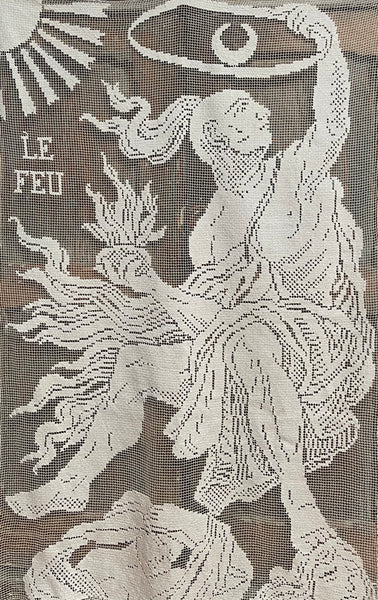Art Nouveau Hand Embroidered Filet Lace Hangings Elements L’Air Le Feu: C1912, France