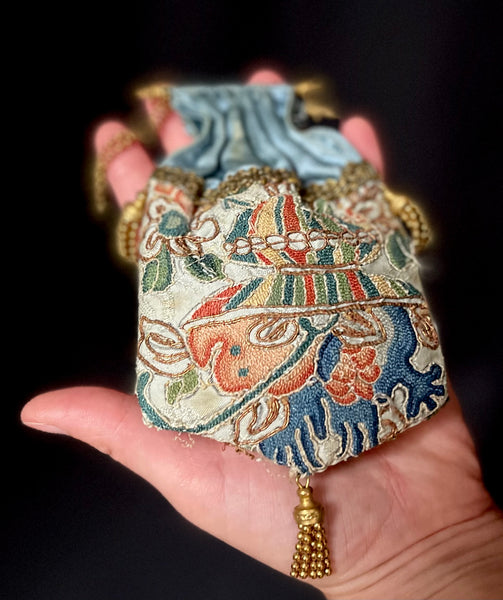 Antique Collectable Coin Purse with Chinese Embroidery: C19th Britain / China