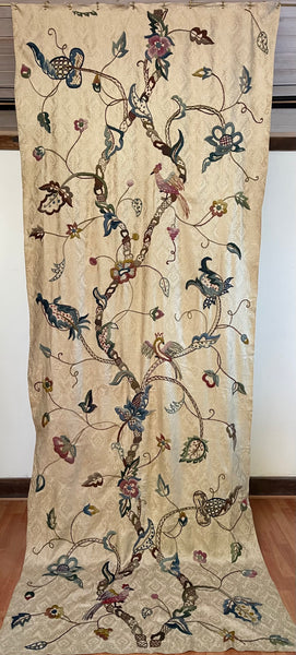 Antique Embroidered Crewelwork Tree of Life with Birds: C1910 A.H. Lee, Birkenhead, Britain. 337cm x 126cm