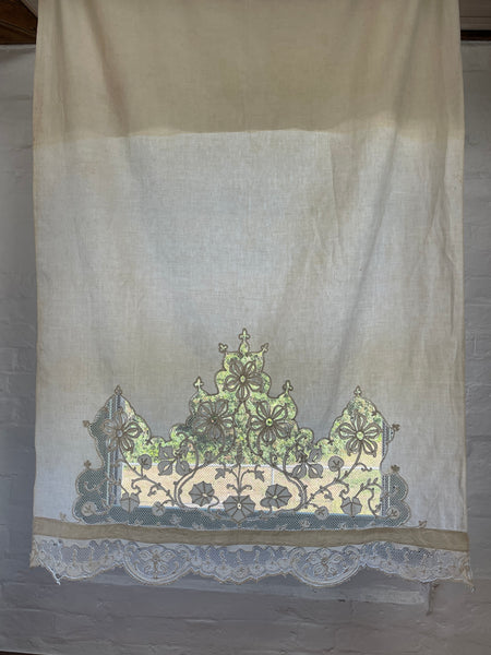 A Pair of Art Nouveau Cutwork and Embroidered Chateau Window Curtain Panels: C1900 France