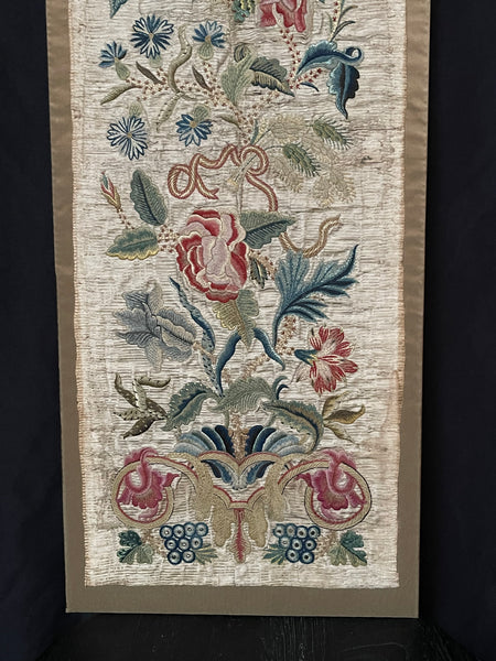 Antique Fine Silk and Wool Embroidered panel with Bouquet of Flowers: C1700 England