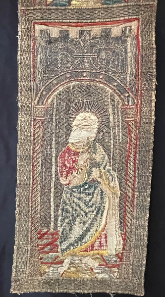 Rare Tudor Orphrey Silk and Metal Thread Embroidered Panels with Iconography Saints: C16th England