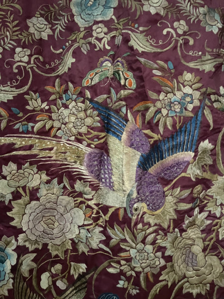 Antique Silk Embroidered Wallhanging with Birds and Mythological Figures: C19th China for export to Europe