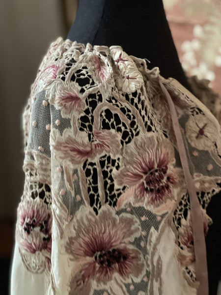 Antique Edwardian Art Nouveau Embroidered and Appliquéd Florals Silk Cape: C1910 France