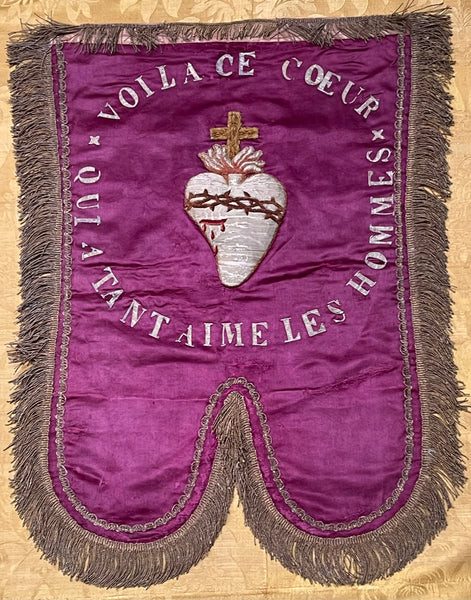 Antique Silk Embroidered Ecclesiastical Wallhanging Banner with Stumpwork Heart: C19th France