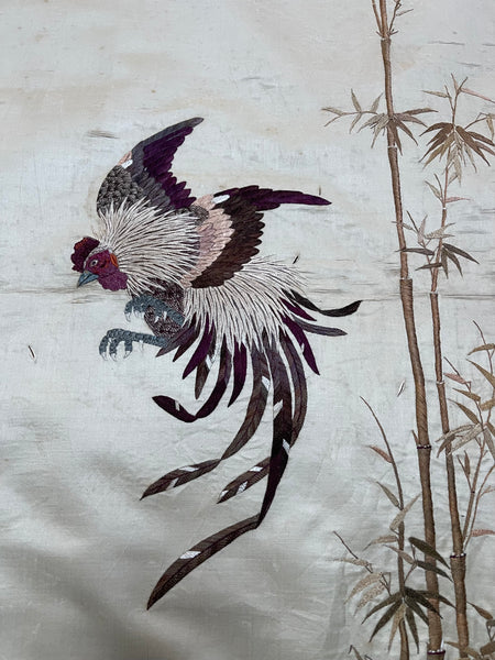 Fine Antique Silk Embroidered Wall Hanging with Cockerels: C19th China