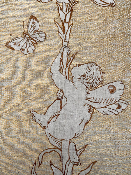 Antique Art Nouveau Silk Embroidery with Cupid & Lily in the manner of Walter Crane: C1900 England
