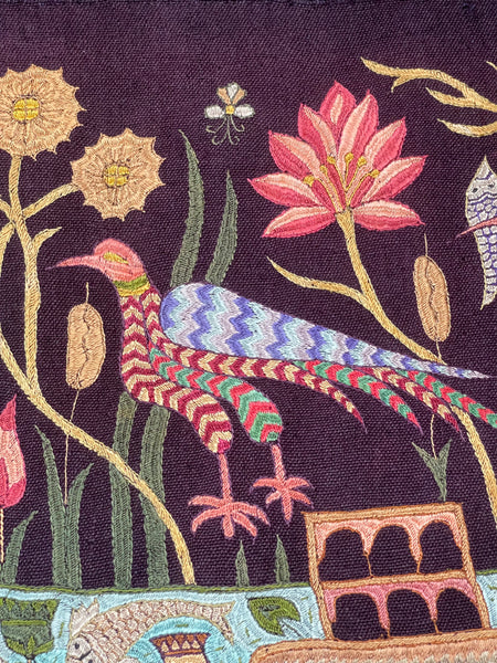Antique Silk Embroidery with Houseboats, Birds and Florals: Late 19th, Srinagar, Kashmir, India