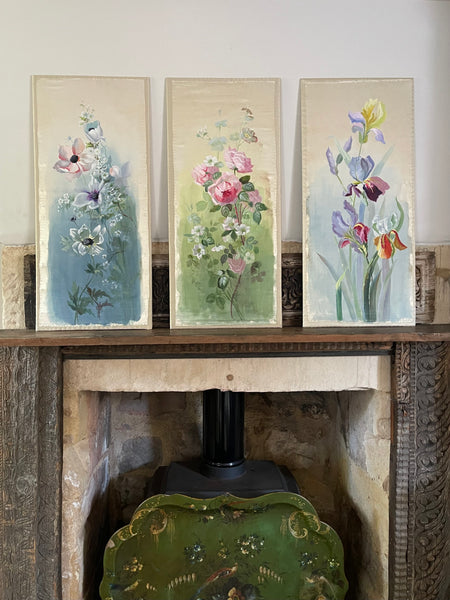 Set of Three Hand Painted Floral Silk Wall Panels :C1920 England