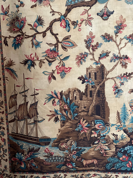 Antique Block Printed Mezzaro Wall Hanging with Tree of Life Ship Figures Giraffe: C1830 Genoa, Italy