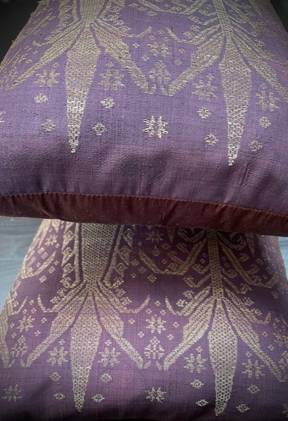 Handmade Cushion Made with Antique Brocaded Silk and Gilt Thread Panel: C19th Sumatra
