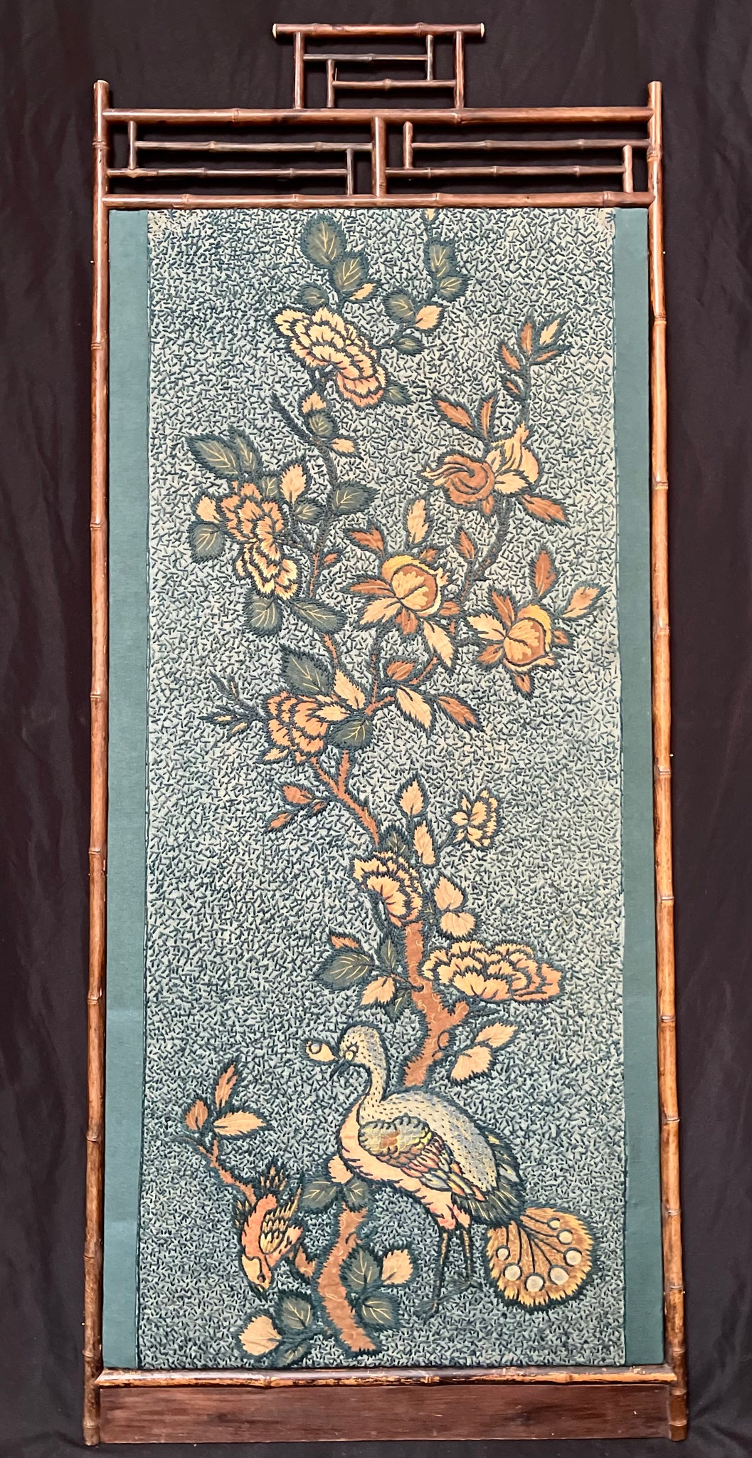 Antique Crewelwork Embroidered Tree of Life Wallhanging in Antique Japanese Bamboo Frame (2): C1900 Britain