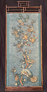 Antique Crewelwork Embroidered Tree of Life Wallhanging in Antique Japanese Bamboo Frame (2): C1900 Britain