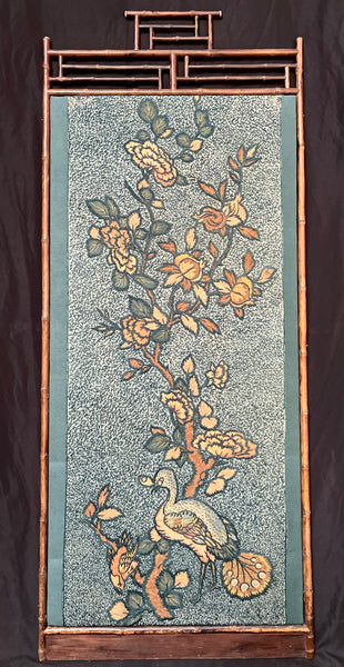 Antique Crewelwork Embroidered Tree of Life Wallhanging in Antique Japanese Bamboo Frame (2): C1900 Britain