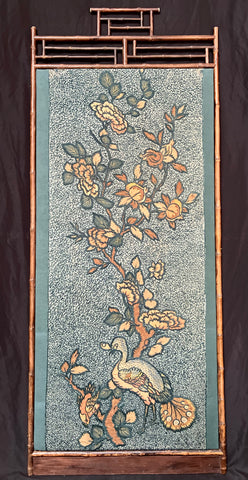 Antique Crewelwork Embroidered Tree of Life Wallhanging in Antique Japanese Bamboo Frame (2): C1900 Britain