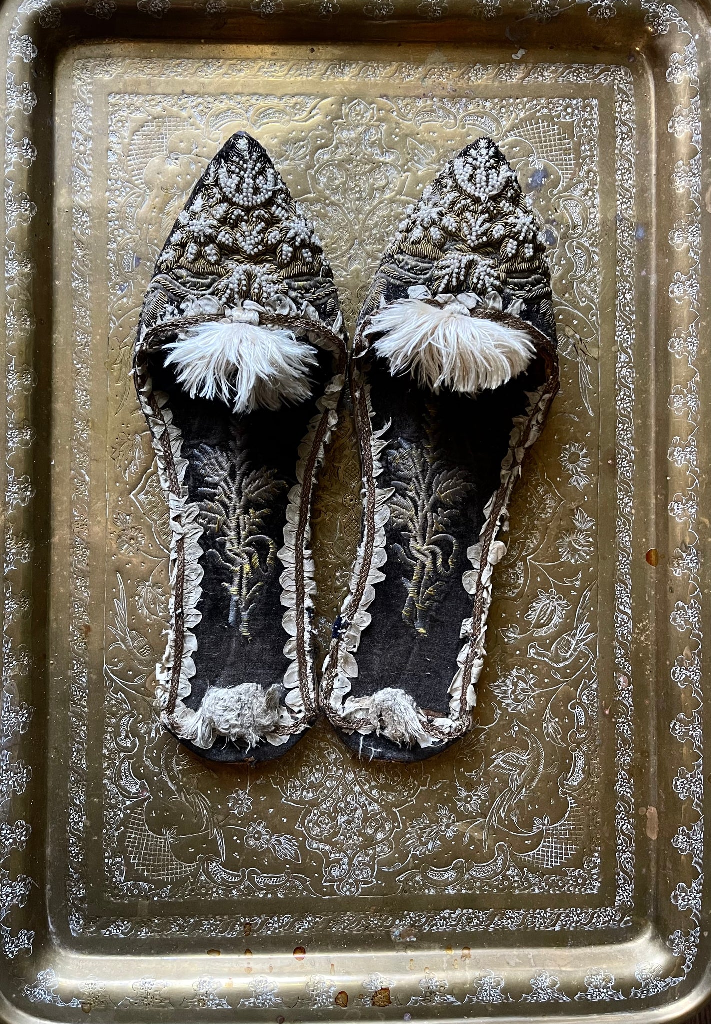 Antique Ottoman Slippers with Gold Gilt Embroidery & Seed Pearls: C19th Turkey