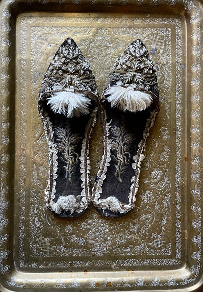 Antique Ottoman Slippers with Gold Gilt Embroidery & Seed Pearls: C19th Turkey