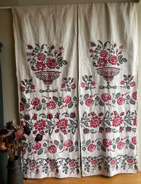 Antique Traditional Hand Embroidered Folk Art Curtain Panels with Urns and Roses: C19th Ukraine