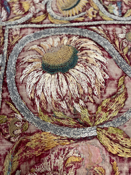 Early Silk and Metal Thread Embroidered Velvet Panel with Peacock and Flowers: C17th Italy or Spain