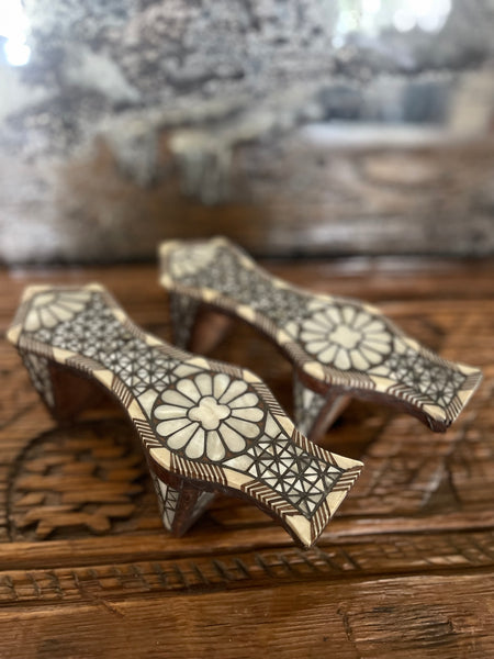 Antique Inlaid Mother of Pearl Wooden Shoes Collectable Traditional Ottoman Costume: C19th Ottoman Turkey